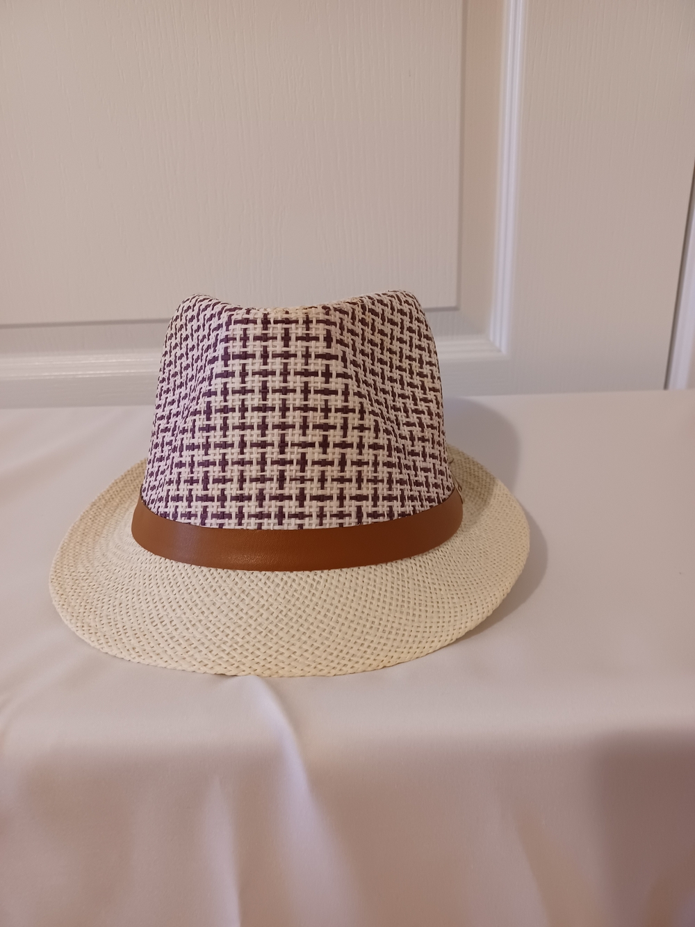 Straw Fedora Hat with Brown Belt - Cream & Purple - Picture 3 of 16